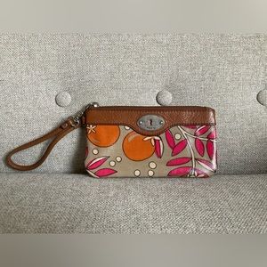 Orange and pink Fossil wristlet
